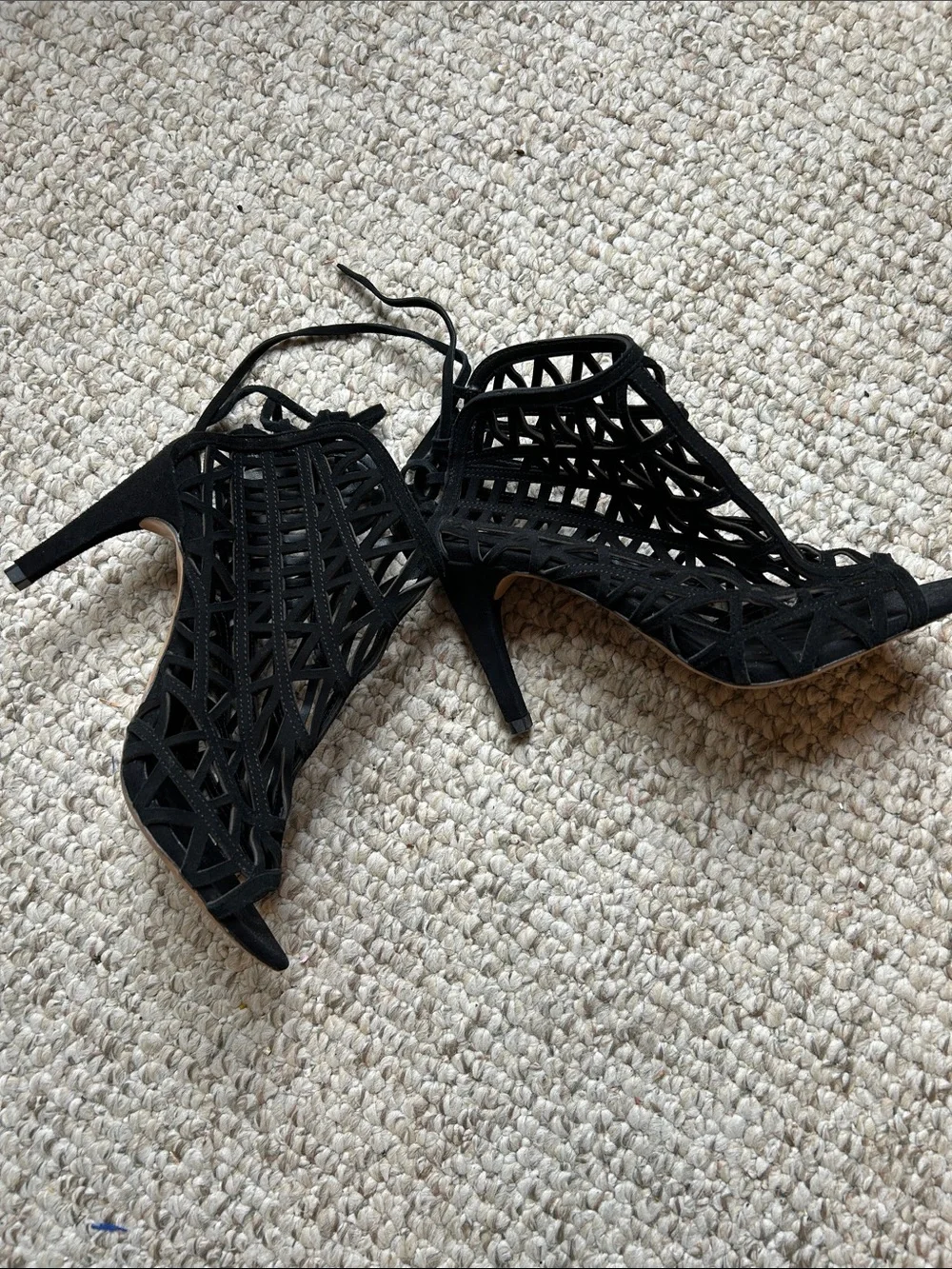 Zara Black Laser-Cut Lace-Up Peep-Toe Heels